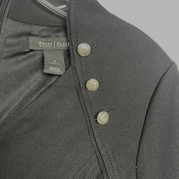 Ponte Knit White House Black Market Black Dress, Military Goldtone Buttons, Sz 2 - Picture 6 of 16